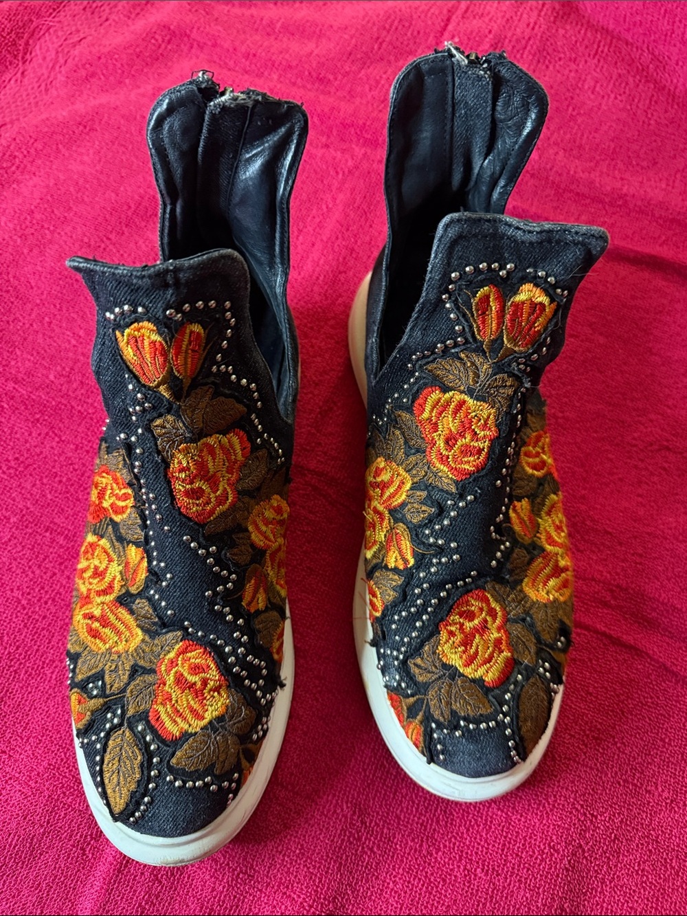 Jeffrey Campbell Black Slip-On Sneakers with Orange and Yellow Floral Embroidery
